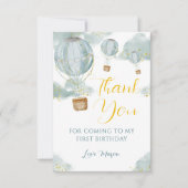 ブルーウォーターカラーホットエアバルーンボーイ誕生日 サンキューカード (正面)