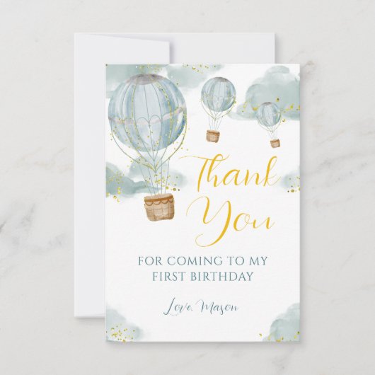 ブルーウォーターカラーホットエアバルーンボーイ誕生日 サンキューカード (正面)