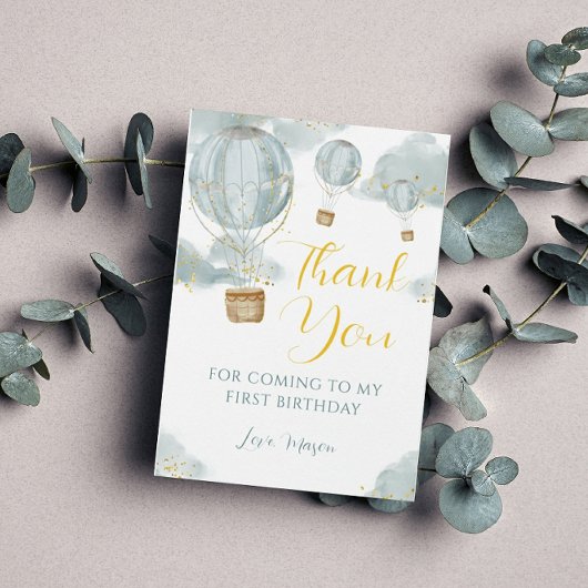 ブルーウォーターカラーホットエアバルーンボーイ誕生日 サンキューカード