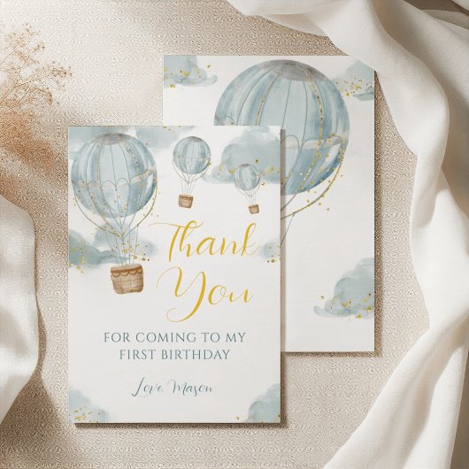 ブルーウォーターカラーホットエアバルーンボーイ誕生日 サンキューカード