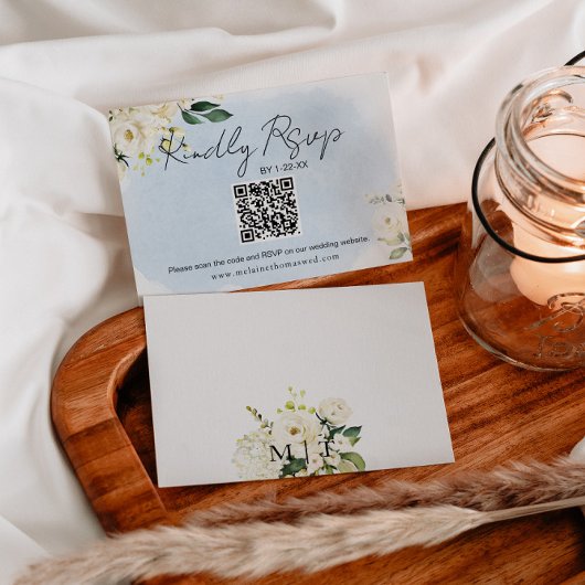 ブルーウォーターカラーホワイトローズウェディングRSVPカード セーブザデート