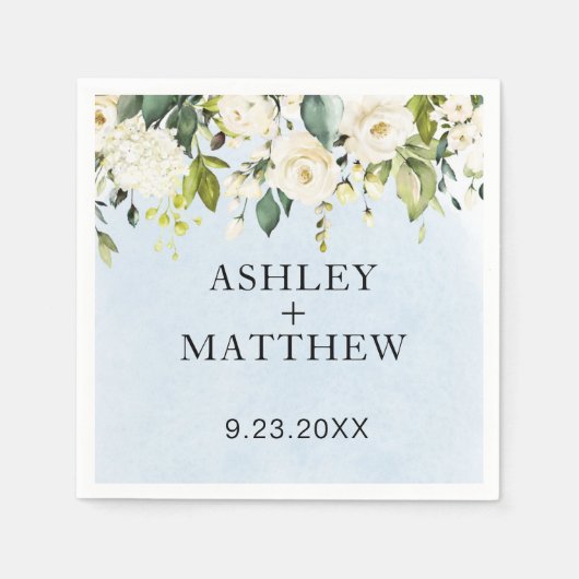 ブルーウォーターカラーホワイトローズエレガントなウェディングナプキンス スタンダードカクテルナプキン (正面)