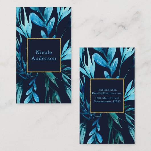 ブルーウォーターカラーボタニカルグラムシエレガントック 名刺 (正面/裏面)