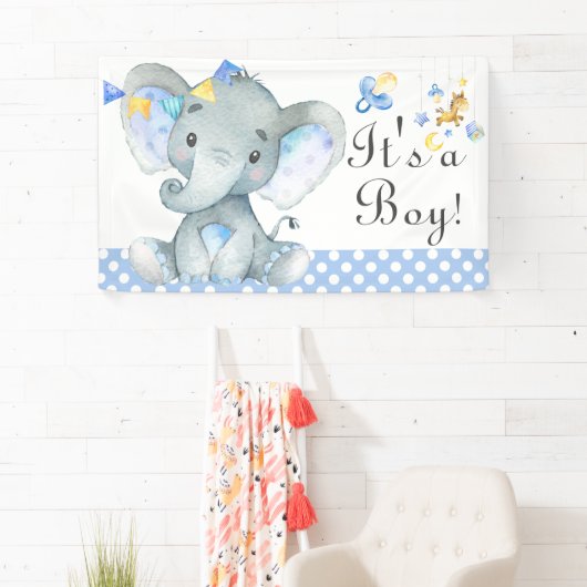 ブルーウォーターカラーボーイゾウ赤ちゃんシャワー 横断幕 (インサイチュ)