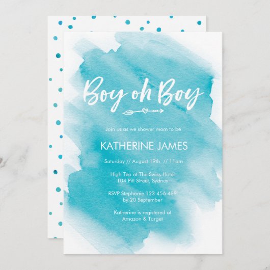 ブルーウォーターカラーボーイベビーシャワー招待 招待状 (正面/裏面)