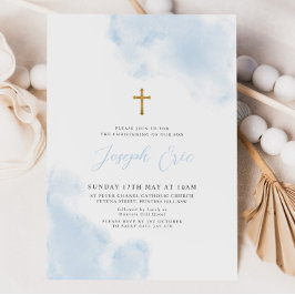 ブルーウォーターカラーボーイ金ゴールドクロス《キリスト教》洗礼式や命名式バプテスマ 招待状