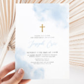 ブルーウォーターカラーボーイ金ゴールドクロス《キリスト教》洗礼式や命名式バプテスマ 招待状
