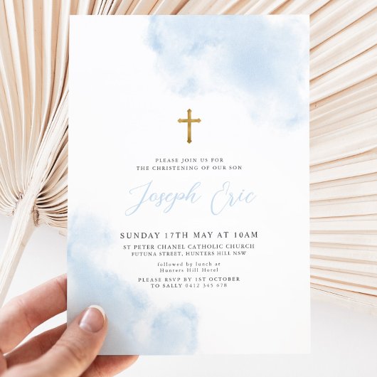 ブルーウォーターカラーボーイ金ゴールドクロス《キリスト教》洗礼式や命名式バプテスマ 招待状