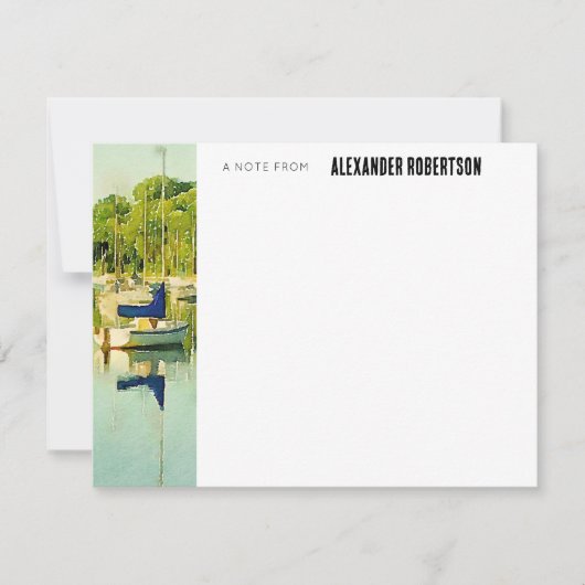 ブルーウォーターカラーボートシーンフラットノートカード ノートカード (正面)