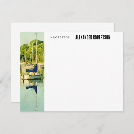 ブルーウォーターカラーボートシーンフラットノートカード ノートカード (正面/裏面)