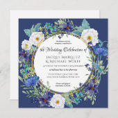 ブルーウォーターカラーポピーリーフnフラワーフローラ結婚ズ 招待状 (正面/裏面)