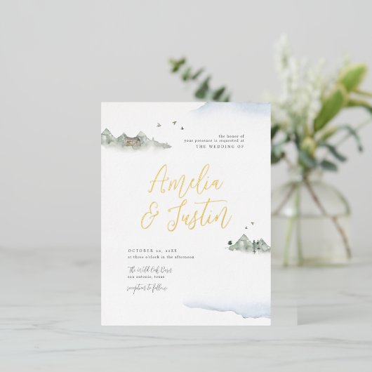 ブルーウォーターカラーマウンテンデスティネーションウェディング 箔招待状ポストカード (立ち正面)