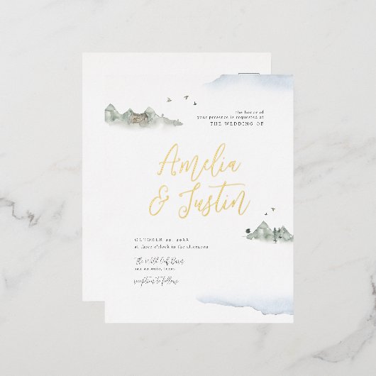 ブルーウォーターカラーマウンテンデスティネーションウェディング 箔招待状ポストカード (正面/裏面)