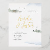 ブルーウォーターカラーマウンテンデスティネーションウェディング 箔招待状ポストカード (正面)