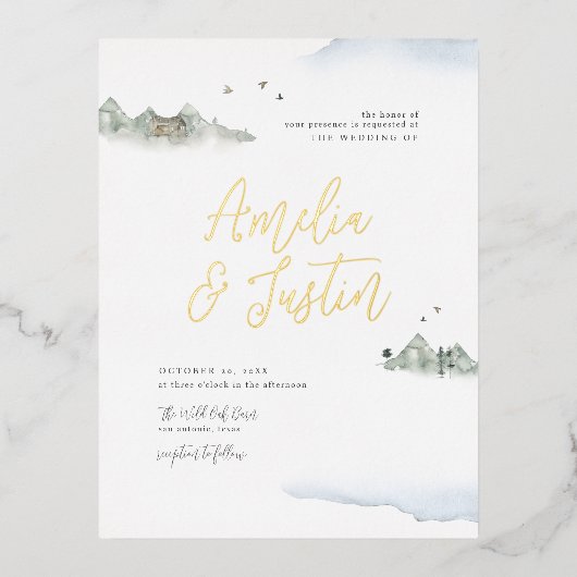 ブルーウォーターカラーマウンテンデスティネーションウェディング 箔招待状ポストカード (正面)