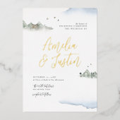 ブルーウォーターカラーマウンテンデスティネーションウェディング 箔招待状 (正面)