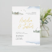 ブルーウォーターカラーマウンテンデスティネーションウェディング 箔招待状 (立ち正面)