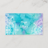 ブルーウォーターカラーマンダラエレガントダマスクフローラ文字 名刺 (正面)
