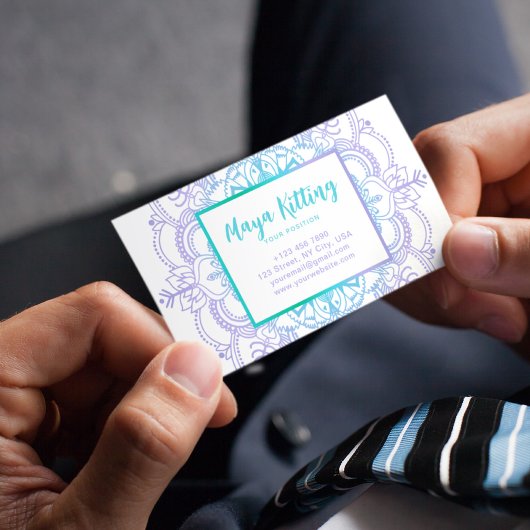 ブルーウォーターカラーマンダラエレガントダマスクフローラ文字 名刺