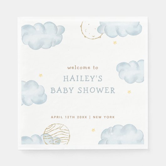 ブルーウォーターカラームーンスタークラウドボーイベビーシャワー スタンダードランチョンナプキン (正面)