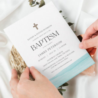 ブルーウォーターカラーモダンボーイバプテスマ招待状 招待状