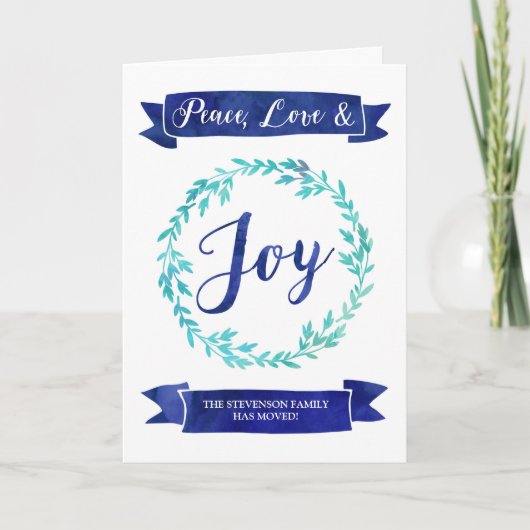 ブルーウォーターカラーリースクリスマス新住所 シーズンカード (正面)