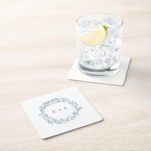 ブルーウォーターカラーリースモノグラム結婚式の引き出物 スクエアペーパーコースター (インサイチュ)