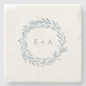 ブルーウォーターカラーリースモノグラム結婚式の引き出物 ストーンコースター (正面)