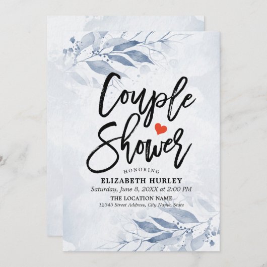 ブルーウォーターカラーリーフカップルシャワーウェディングシャワー 招待状 (正面/裏面)