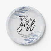 ブルーウォーターカラーリーフ植物性フローラベビーシャワー ペーパープレート (正面)