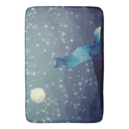 ブルーウォーターカラールオオカミが月を見る バスマット (正面縦)