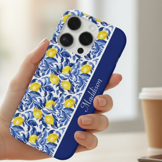 ブルーウォーターカラーレモンパターンモノグラムネーム iPhoneケース