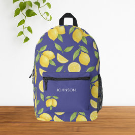 ブルーウォーターカラーレモンパターン プリントバックパック