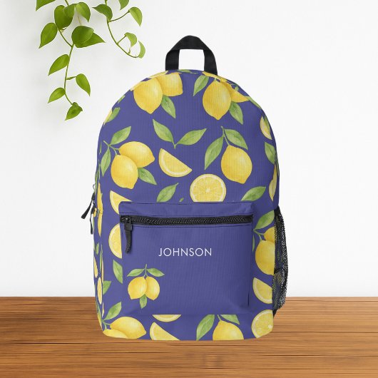 ブルーウォーターカラーレモンパターン プリントバックパック