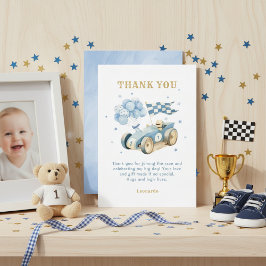 ブルーウォーターカラーレーシングカーブルーウォーターカラーの男の子の1歳の誕生日 サンキューカード