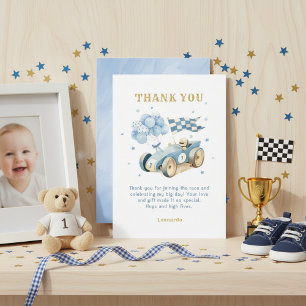 ブルーウォーターカラーレーシングカーブルーウォーターカラーの男の子の1歳の誕生日 サンキューカード
