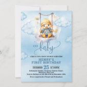 ブルーウォーターカラーワンラッキーダックボーイ1歳の誕生日 招待状 (正面)