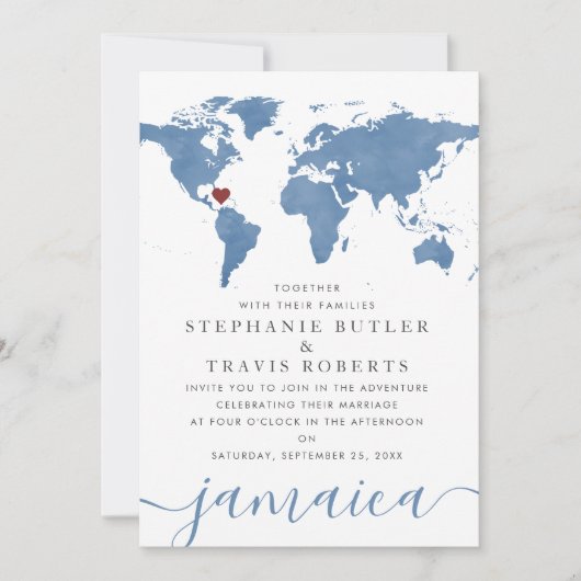 ブルーウォーターカラーワールドマップデスティネーションウェディング 招待状 (正面)