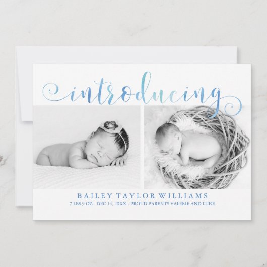 ブルーウォーターカラー写真ベビーのお知らせ 案内状 (正面)