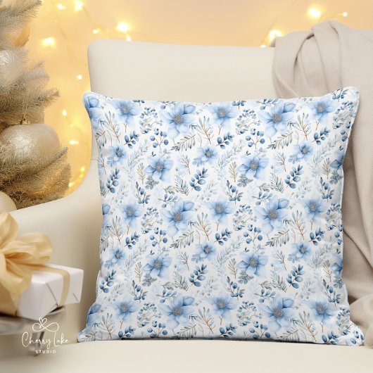 ブルーウォーターカラー冬花模様 クッション