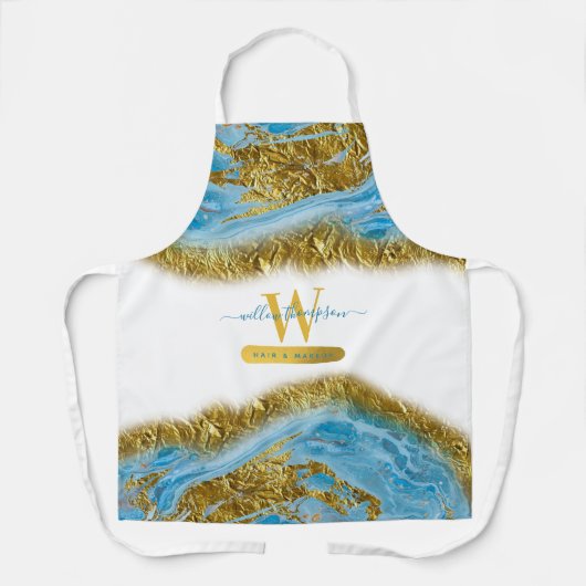 ブルーウォーターカラー大理石&ゴールドフォイルヘア&メイクアップ エプロン (正面)