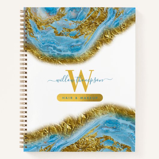 ブルーウォーターカラー大理石&ゴールドフォイルヘア&メイクアップ ノートブック (正面)