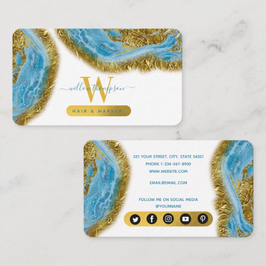 ブルーウォーターカラー大理石&ゴールドフォイルヘア&メイクアップ 名刺 (正面/裏面)