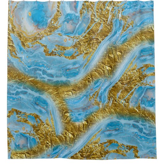 ブルーウォーターカラー大理石&ゴールドフォイル シャワーカーテン (正面)