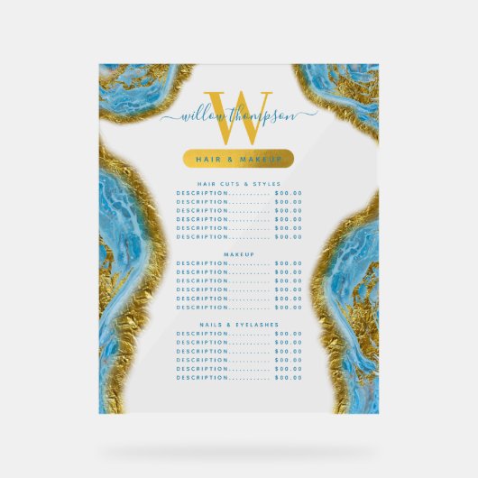 ブルーウォーターカラー大理石&金ゴールドヘア&メイクアップ価格 アクリルサイン (正面)