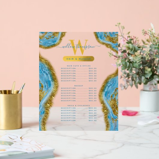ブルーウォーターカラー大理石&金ゴールドヘア&メイクアップ価格 アクリルサイン (ウェディング)