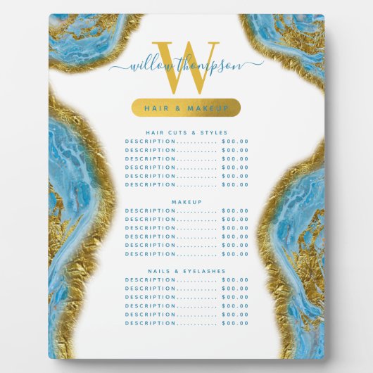 ブルーウォーターカラー大理石&金ゴールドヘア&メイクアップ価格  フォトプラーク (正面)