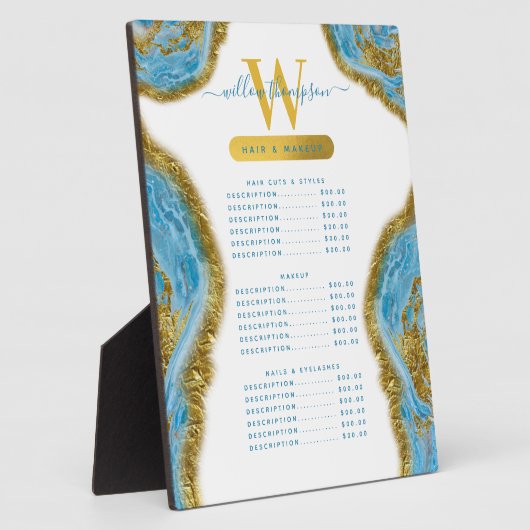 ブルーウォーターカラー大理石&金ゴールドヘア&メイクアップ価格  フォトプラーク (側面)