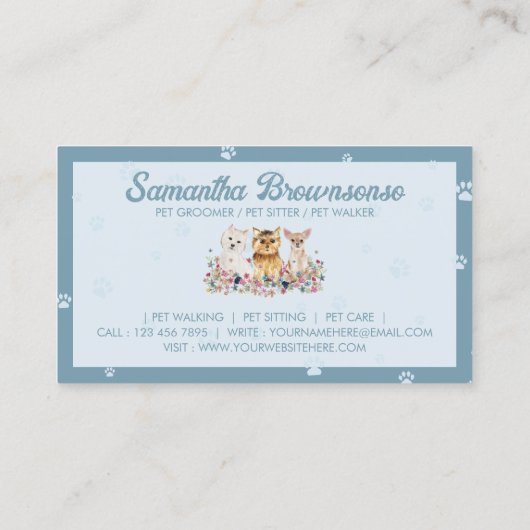 ブルーウォーターカラー小型犬ポープリントペットシッター 名刺 (裏面)