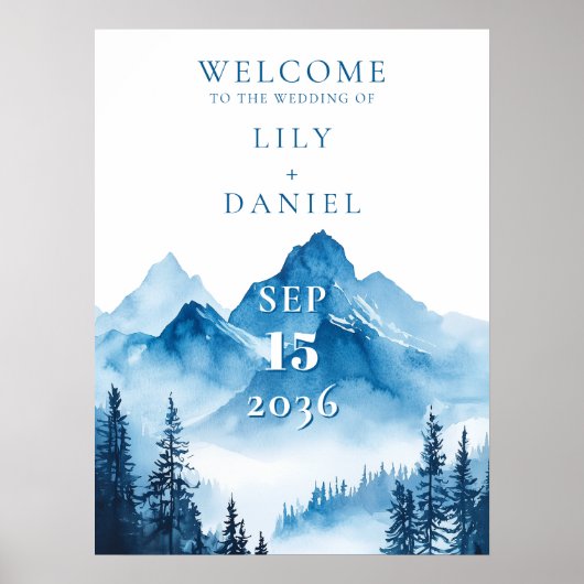 ブルーウォーターカラー山結婚のウェルカムサイン ポスター (正面)